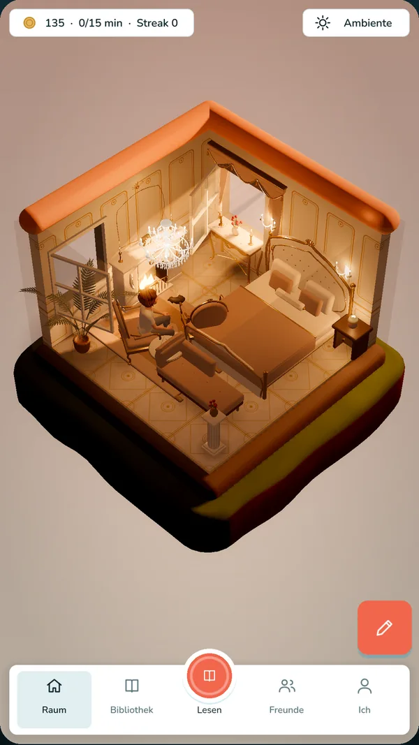 A fully furnished room with a bed, a fireplace and shelves