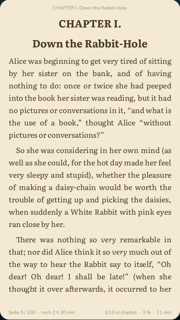 The Grialis reader showing a page from Alice in Wonderland
