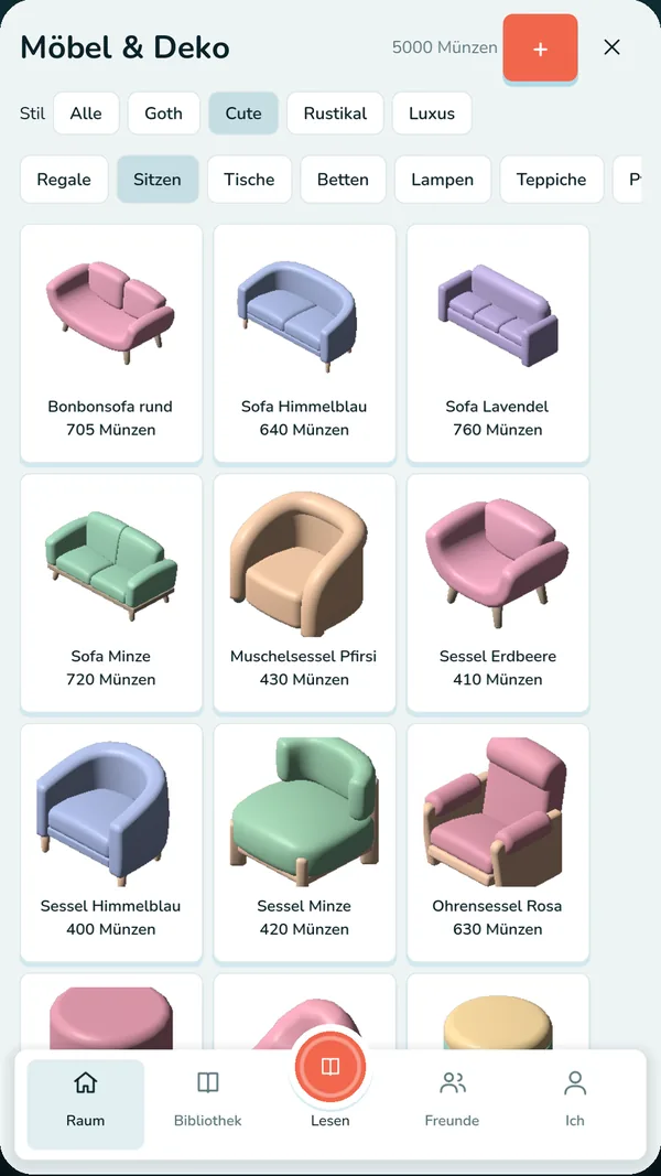 The furniture shop with sofas and armchairs in different colours