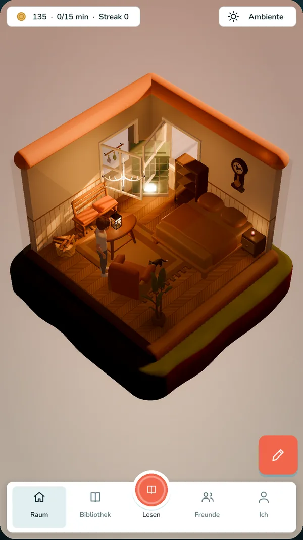 Grialis: a furnished room with a bookshelf, a lamp and a reading corner